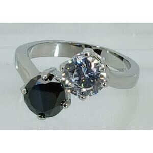 Vintage Ring Size 7 Black Sim Diamond CZ Silver Tone White Gold GP Engagement